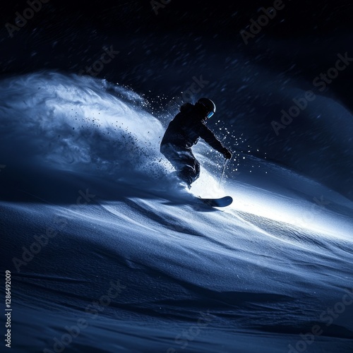 Obraz na płótnie Real photography a snowboarder skiing at night in the snow field blues moment diagonal composition atmosphere w salonie