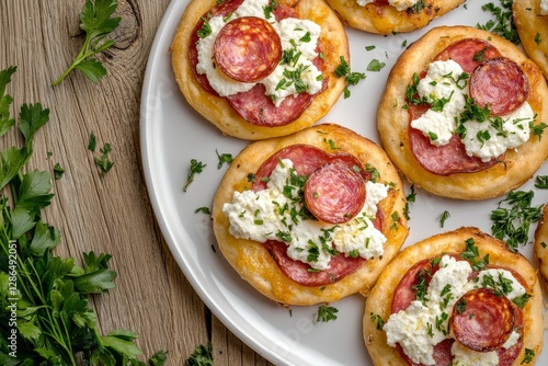 Obraz na płótnie Realistic food photography of mini flammkuchen topped with creamy feta cheese and mild pepperoni resting on a rustic wooden table showcasing a golden crispy crust with fresh herbs scattered around w salonie