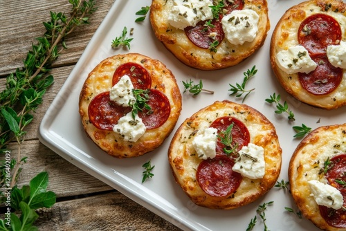 Obraz na płótnie Realistic food photography of mini flammkuchen topped with creamy feta cheese and mild pepperoni resting on a rustic wooden table showcasing a golden crispy crust with fresh herbs scattered around w salonie