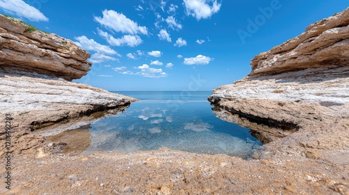 Coastal landscape, calm waters reflecting sky, rocky formations, peaceful scene, scenic view
