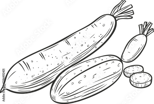 Hand-drawn black and white sketch of cucumbers and slices illustration.