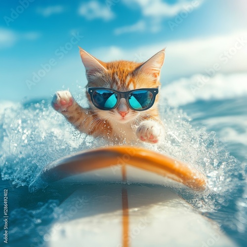 Obraz na płótnie Realistic photo of a cat in sunglasses riding a surfboard w salonie