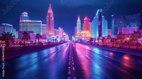 Las Vegas Strip Night View with Neon Lights and Reflective Road