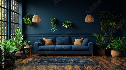 Dark navy blue living room with plants, modern style. Interior design inspiration