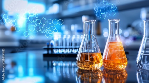 Obraz na płótnie The Chemistry of Life a Glass beakers filled with vibrant bubbling liquids reflect the energy of discovery in a high tech lab w salonie
