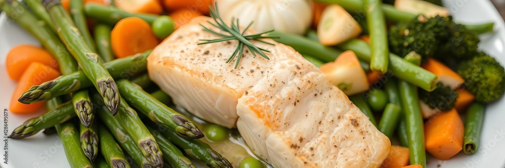 Plate of delicious and nutritious salmon with assorted seasoned vegetables, asparagus, peas, green beans Plate of delicious and nutritious salmon with assorted seasoned vegetables, asparagus, peas, green beans