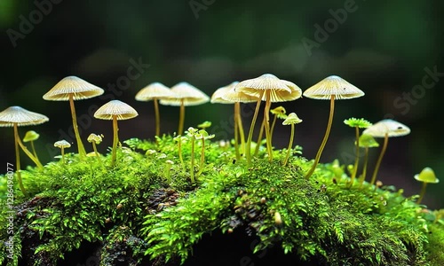 Wallpaper Mural Lush forest scene with delicate mushrooms growing on mossy log Torontodigital.ca