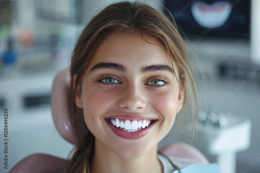 Close-up of a smiling woman with perfect teeth during a dental checkup in a clinic, showing bright white teeth and a healthy radiant smile in a dental chair. Close-up of a smiling woman with perfect teeth during a dental checkup in a clinic, showing bright white teeth and a healthy radiant smile in a dental chair.