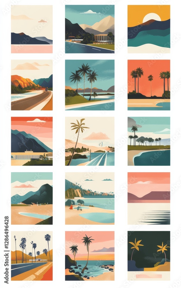 Variety of scenic posters of southern California landscape in a grid of illustrated vintage style posters on a white background mid century modern color palette