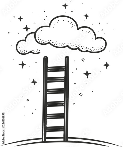 Illustration of a ladder reaching up to a cloud with stars around.