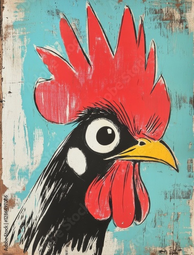 Vintage woodcut depicting a comic rooster with a large red crest and a shy expression painted in bold colors on a textured background