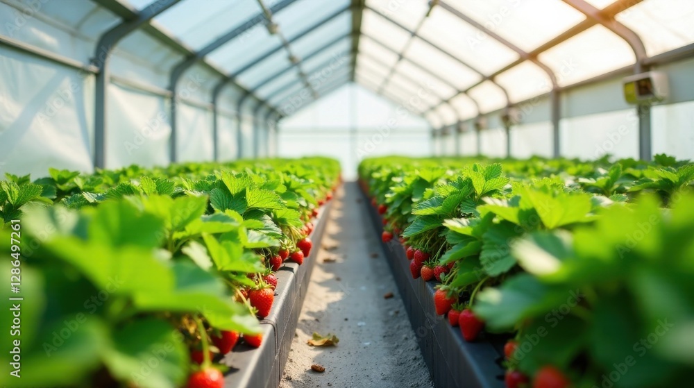 Rows of vibrant strawberry plants flourishing within a sunlit greenhouse, showcasing a bountiful harvest soon to come Rows of vibrant strawberry plants flourishing within a sunlit greenhouse, showcasing a bountiful harvest soon to come