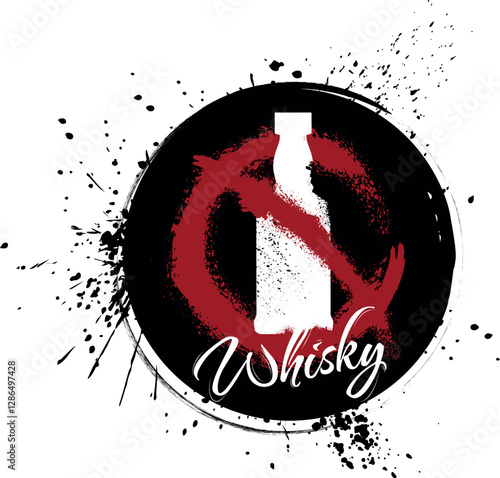 Alcohol prohibition sign, Vector graphics whiskey bottle, sign prohibiting alcohol, brush, splash, black background