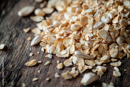 Texture of rolled oats scattered on a wooden surface with a few sunflower seeds mixed in