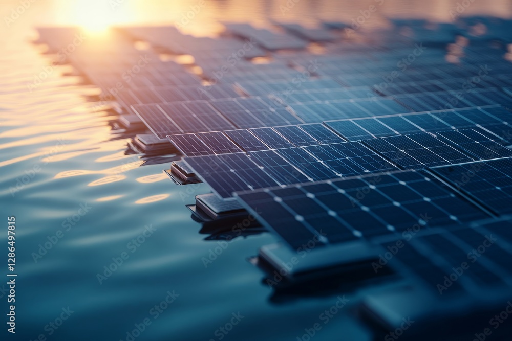 Floating Solar Panels on Calm Water at Sunset Creating Reflection