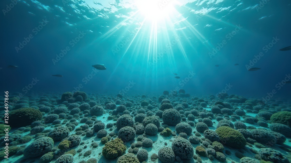 Obraz premium Sunlight shining over bleached coral reef with damaged marine ecosystem 