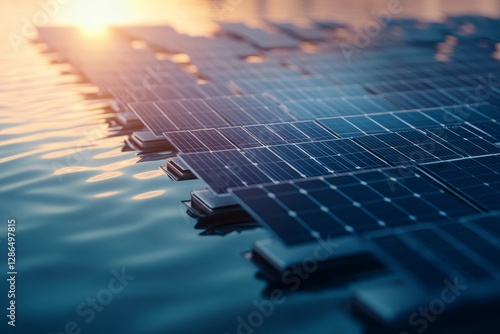 Obraz na płótnie Floating Solar Panels on Calm Water at Sunset Creating Reflection w salonie