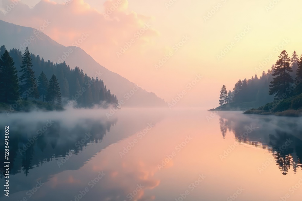 Fototapeta premium Soft peach-colored mist rising from a serene lake, lake, natural