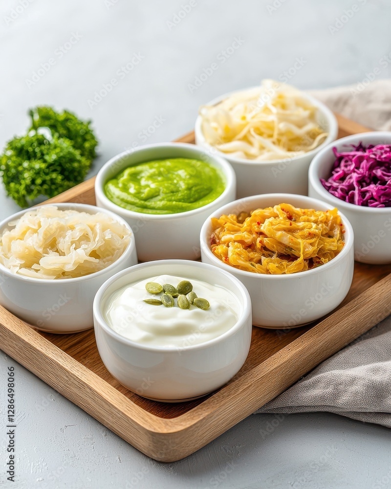 Assorted Fermented Foods in White Bowls on Wooden Platter Assorted Fermented Foods in White Bowls on Wooden Platter