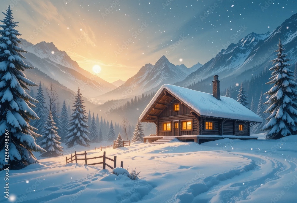 Fototapeta premium Cozy Wooden Cabin Snowy Winter Wonderland Majestic Mountains Sunrise - Winter Vacation Marketing, Family Retreats, Romantic Getaways