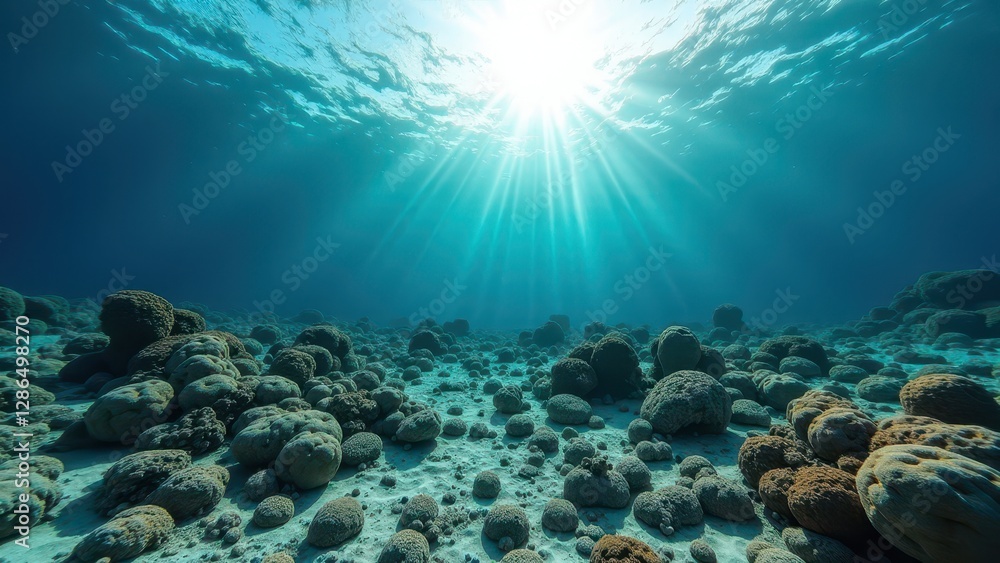 Fototapeta premium Sunlight shining over bleached coral reef with damaged marine ecosystem