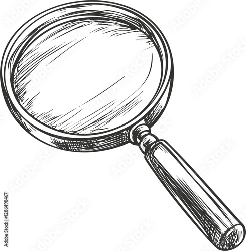 Black and white illustration of a magnifying glass for search or discovery.