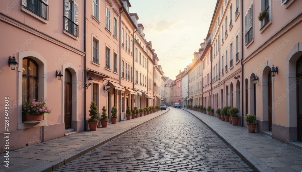 Obraz premium Charming European Cobblestone Street Pastel Buildings Potted Plants Sunset - Scenic Travel Destination Vacation Marketing Travel Photography