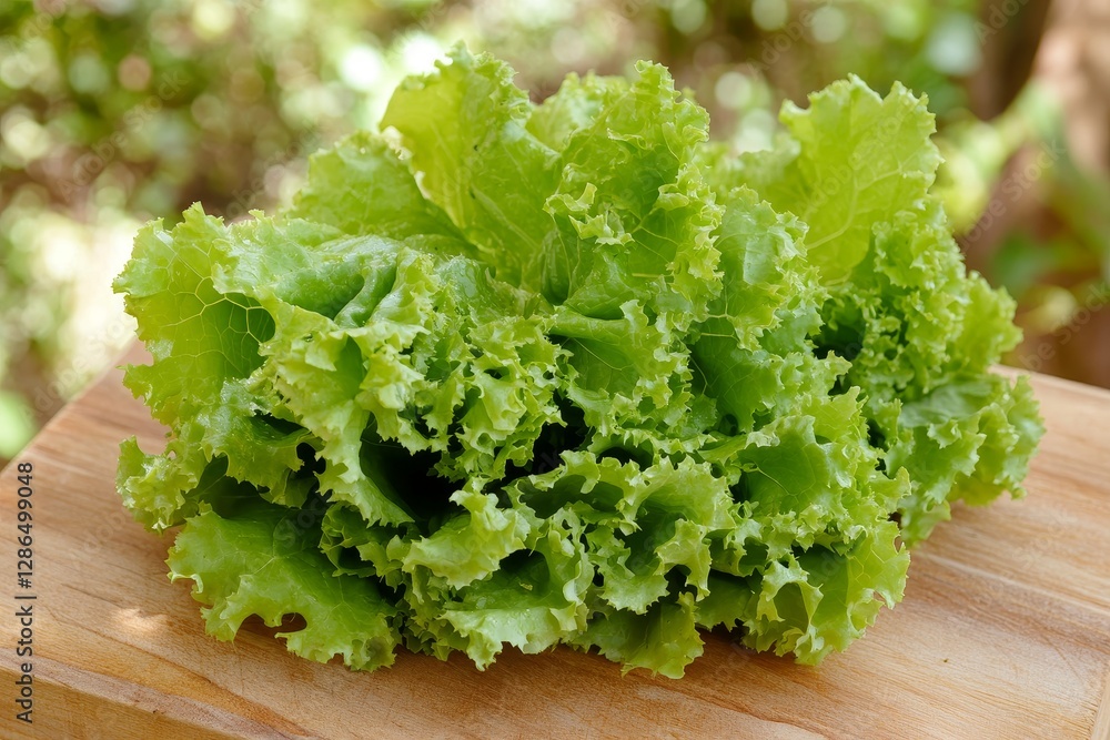 Fresh Green Lettuce Head on Wooden Surface in Natural Environment Fresh Green Lettuce Head on Wooden Surface in Natural Environment