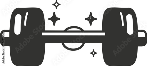 Black and white illustration of a dumbbell with sparkles.