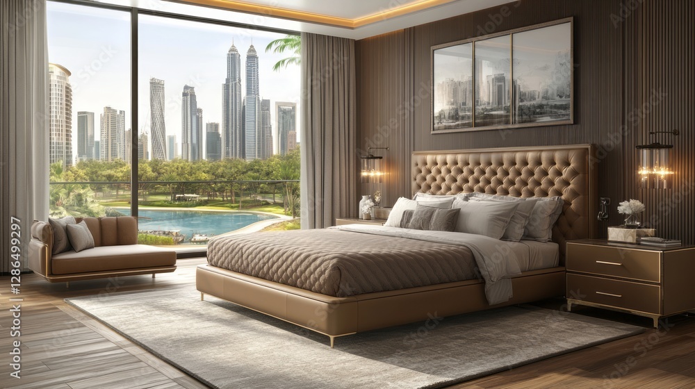 Obraz premium Elegant bedroom interior showcases a luxurious design with city view