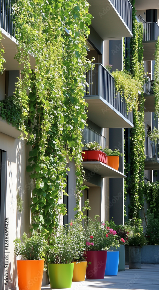 Obraz premium A sleek apartment building with a modern design, adorned with vibrant green vines that drape elegantly from each balcony
