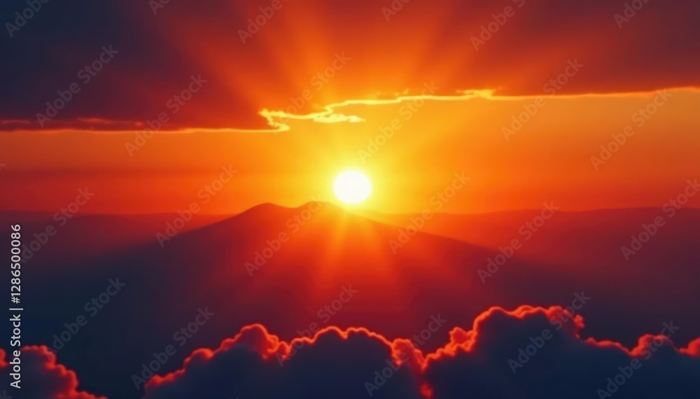 Fototapeta premium A brilliant orange sun sinks slowly below a wispy cloud layer, warm tones, fading glow