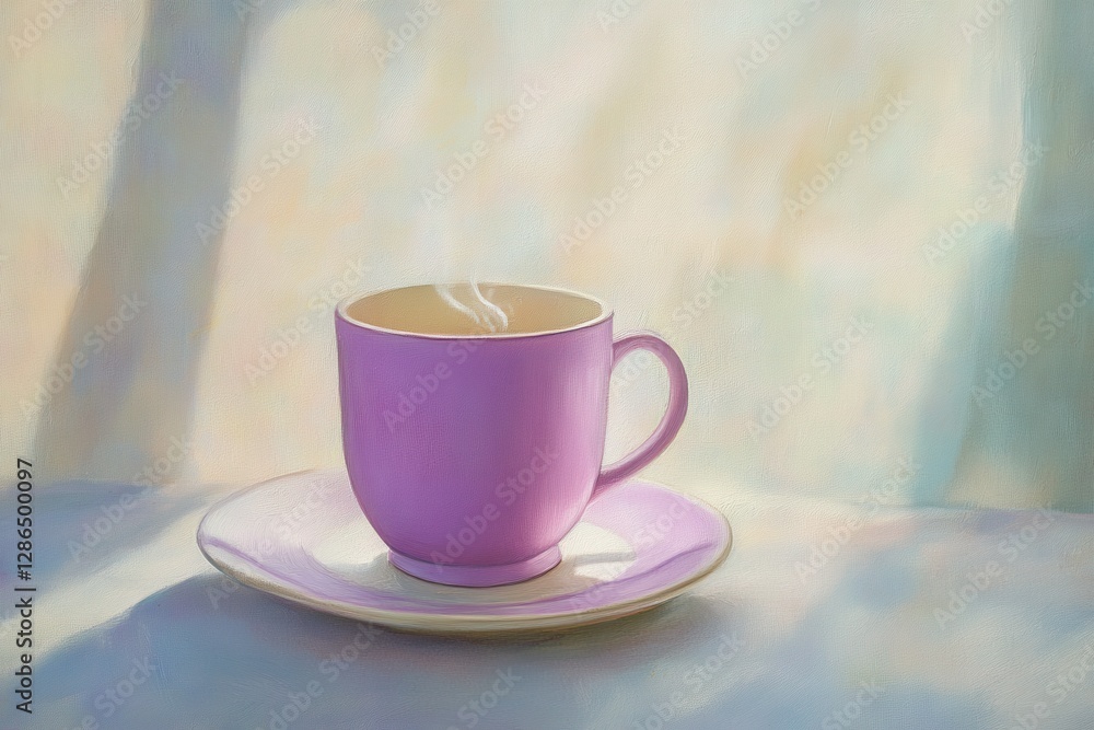 Delicate pink cup perched on a soft saucer, releasing steam in a tranquil morning light Delicate pink cup perched on a soft saucer, releasing steam in a tranquil morning light