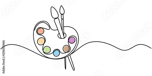 One Continuous Line Drawing of Art Class Icon. Single Line Vector Illustration, Continuous one line drawing of a art materials. Artsy brushes and painting palette one line drawing vector illustration.