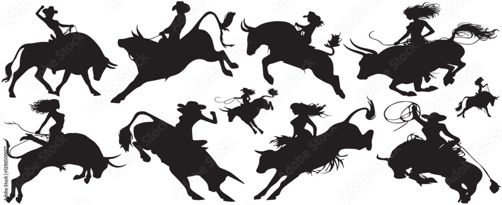 Fototapeta premium Bull Rider Silhouette, Girl Bull Rider Silhouette