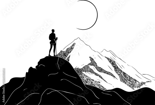 Silhouette of a hiker on a mountain peak under a crescent moon.