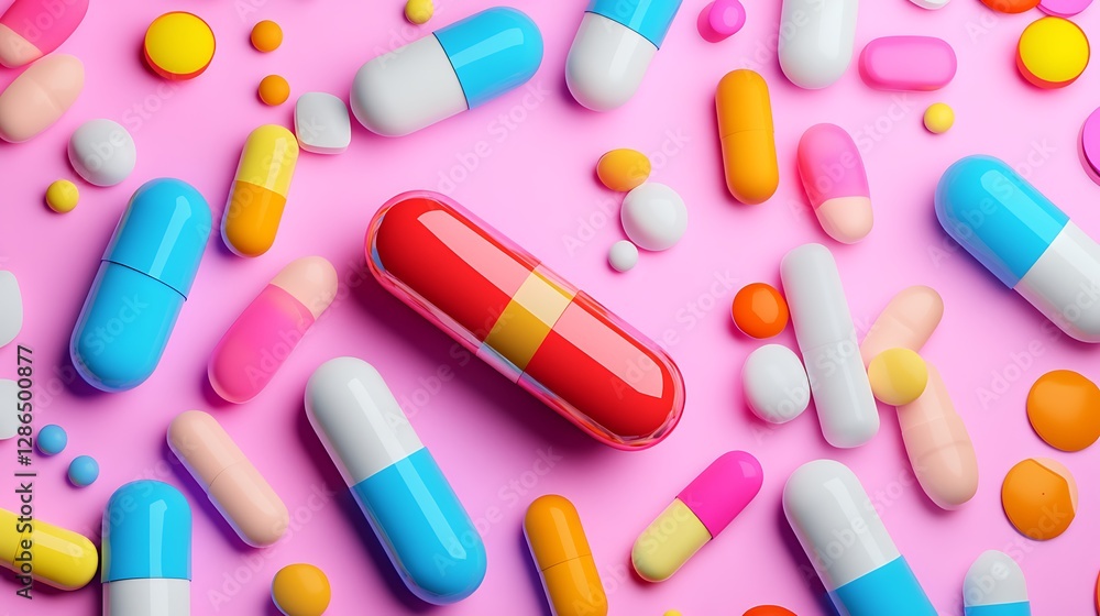 Colorful Capsules and Tablets on Pink Background: A 3D Render AI Generated Colorful Capsules and Tablets on Pink Background: A 3D Render AI Generated