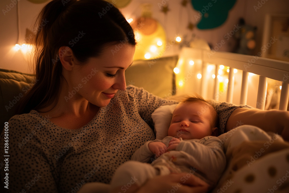 Mother cradles her baby while surrounded by soft light at home during a peaceful evening
