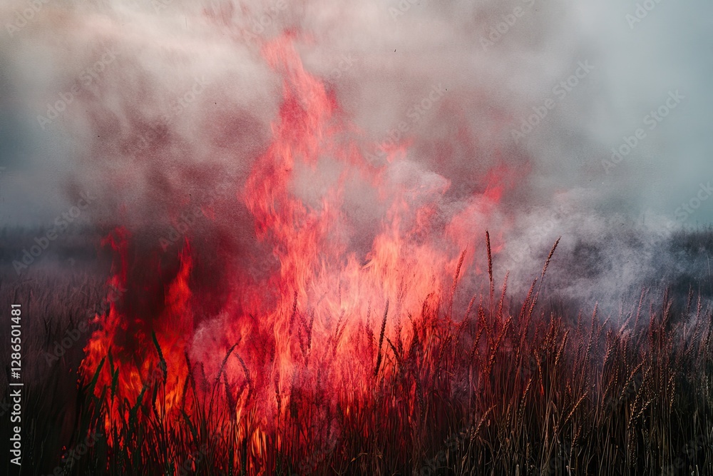 Field fire burning, thick smoke, countryside Field fire burning, thick smoke, countryside