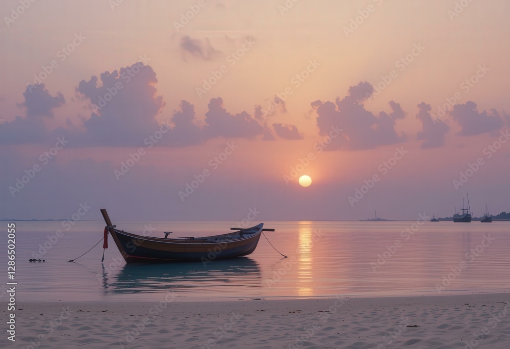 Naklejka premium Tranquil Sunset Calm Waters Anchored Boat Pastel Sky - Travel Marketing Vacation Promotions