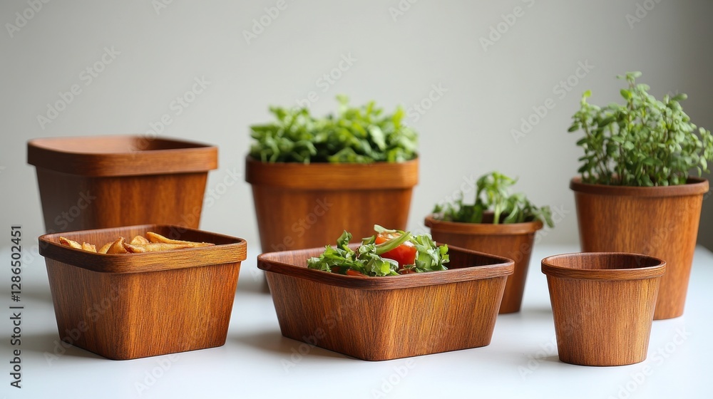 Wooden serving bowls with herbs and snacks on white background Wooden serving bowls with herbs and snacks on white background