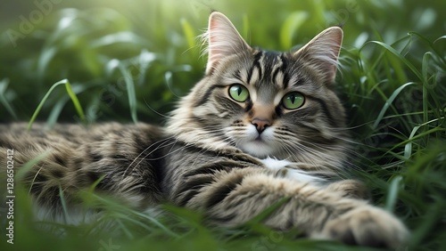 Wallpaper Mural A detailed close-up of a tabby cat lying gracefully in lush green grass, its alert green eyes gleaming with curiosity.  Torontodigital.ca