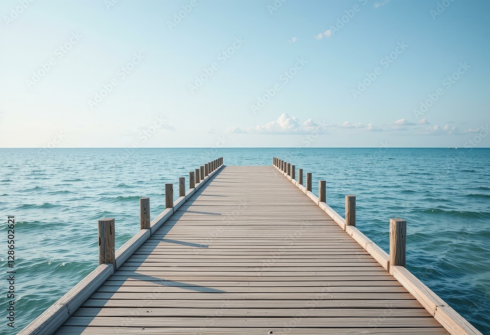 Modern Minimalist Wooden Pier Overlooking Tranquil Blue Ocean Clear Sky - Travel Tourism Marketing Modern Minimalist Wooden Pier Overlooking Tranquil Blue Ocean Clear Sky - Travel Tourism Marketing