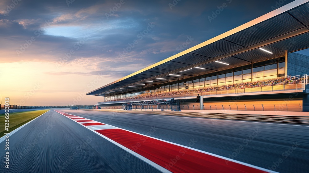 Obraz premium Racing Track and Grandstand with Colorful Sky for Sporting Events