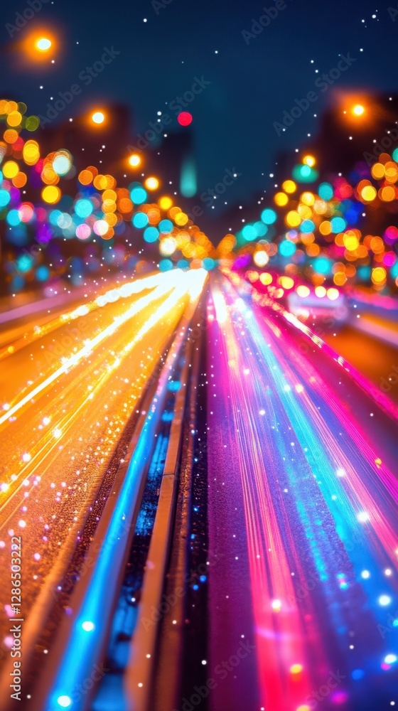 Vibrant city street illuminated by a spectrum of colorful lights, creating an enchanting and lively nighttime atmosphere for pedestrians and onlookers. Vibrant city street illuminated by a spectrum of colorful lights, creating an enchanting and lively nighttime atmosphere for pedestrians and onlookers.