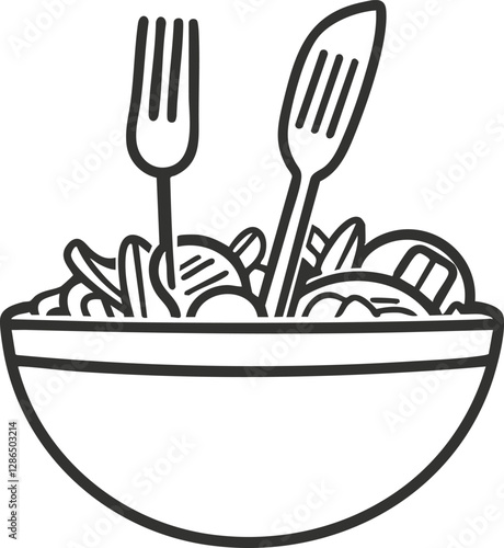 Outline of a salad bowl with fork and spoon in black and white.