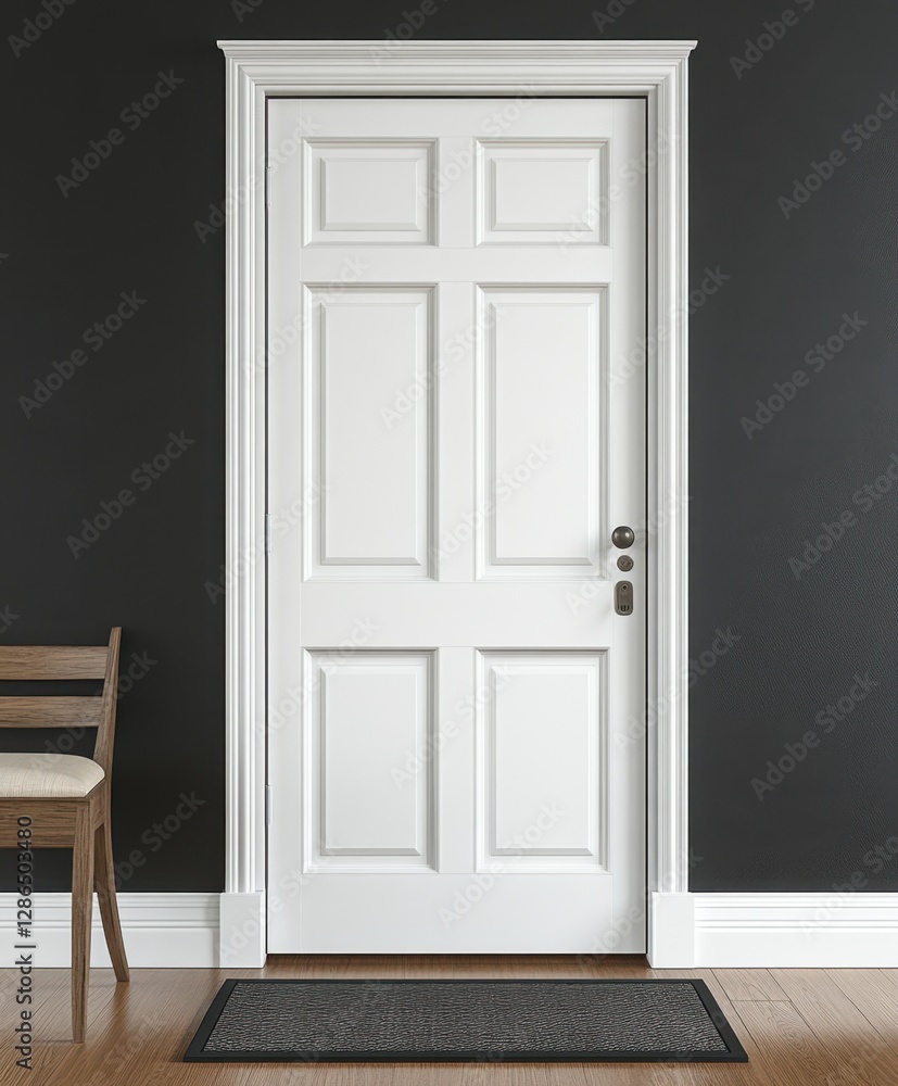 A simple scene featuring a door with a chair positioned directly in front, highlighting a minimalist interior setup. A simple scene featuring a door with a chair positioned directly in front, highlighting a minimalist interior setup.