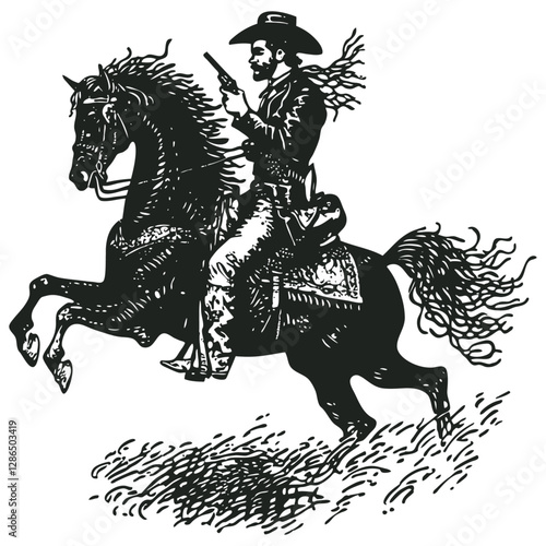 Vector illustration of a cowboy riding a horse and firing a gun. Vintage engraving style. Great for Western, historical, or adventure-themed designs. Black and white.