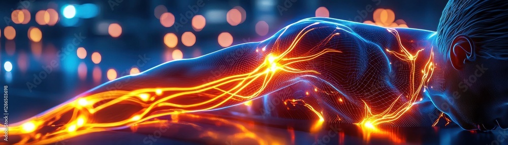 custom made wallpaper toronto digitalA futuristic figure with glowing, vibrant lines of energy on their arm, set against a soft, blurred background of lights.