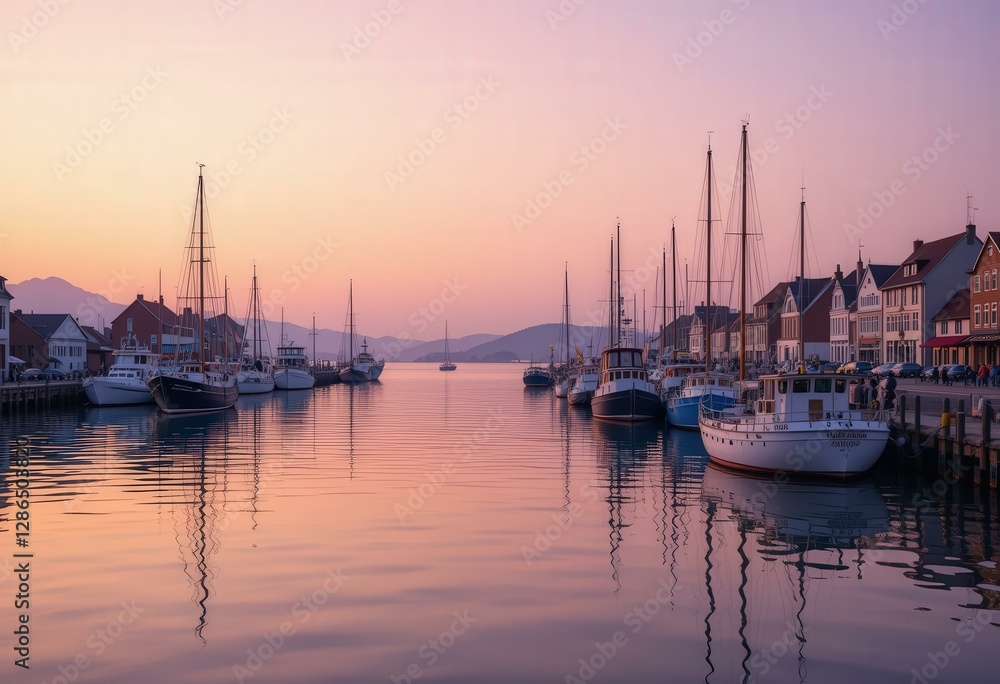 Serene Sunset Harbor Scene Docked Sailboats Pastel Pink Purple Sky - Travel Tourism Marketing Materials Serene Sunset Harbor Scene Docked Sailboats Pastel Pink Purple Sky - Travel Tourism Marketing Materials